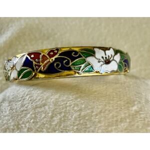 Vintage Cloisonne Cut Out Floral Bracelet with Safety Chain